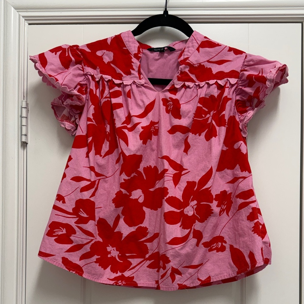 Avara Floral Ruffle Sleeve Top - Pink & Red